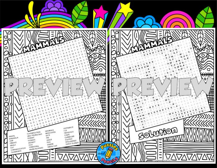 Animal classification coloring sheet word search