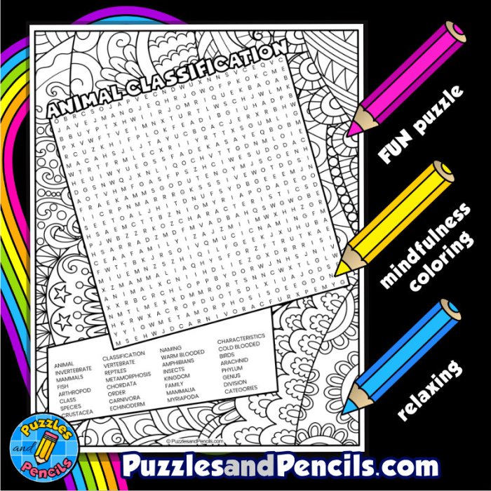 Animal classification coloring sheet word search