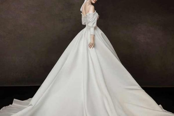 Off the shoulder satin wedding dress