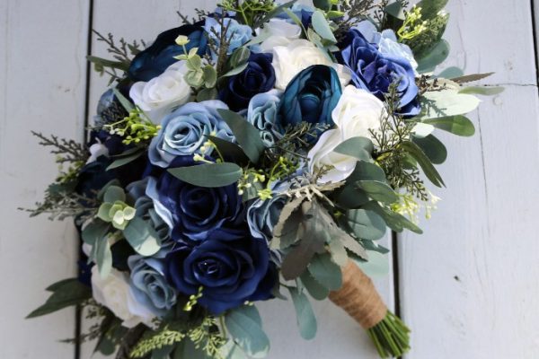 Wedding dress with blue flowers